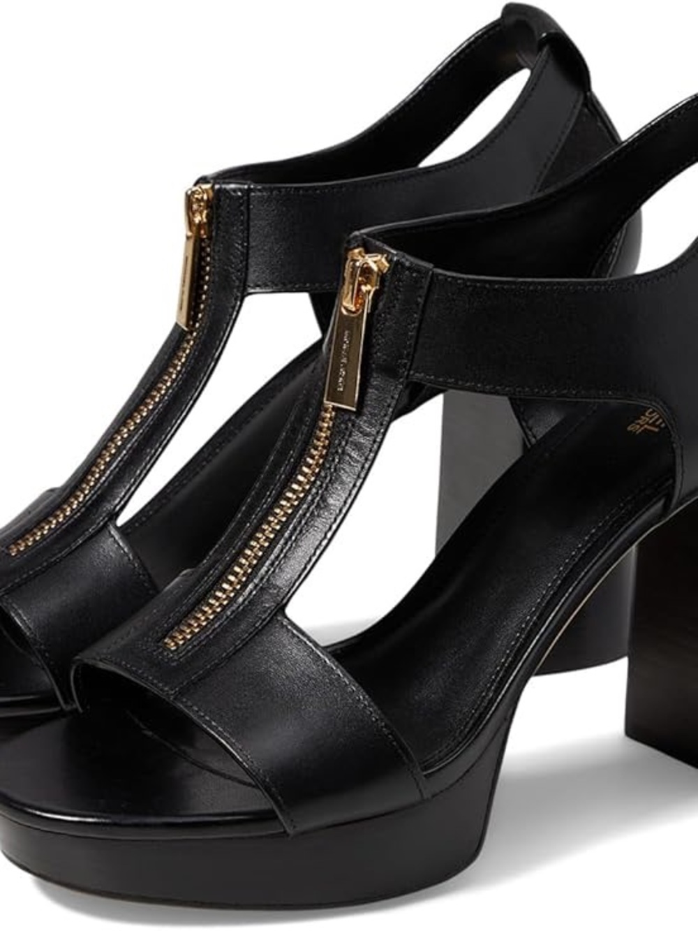 NWT Michael Kors Berkley Leather Platform Sandals Black Size 11M Gold Zip Heels